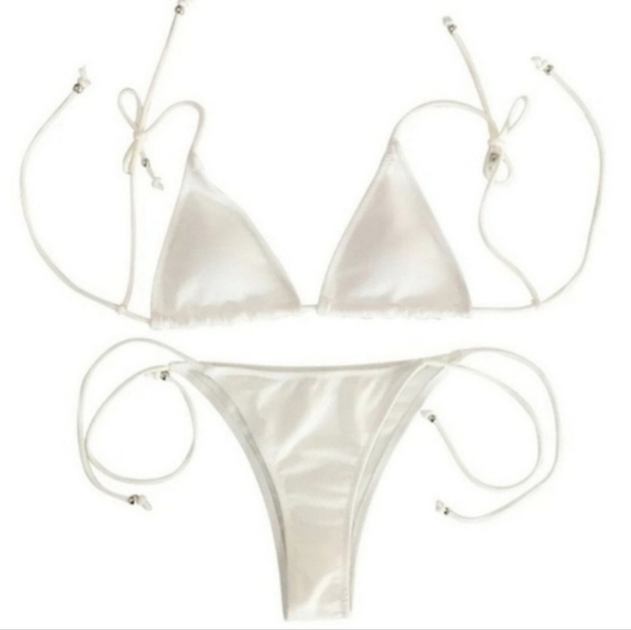 New White Ribbed Tie Shoulder Tie Side Triangle Bikini Set Swimsuit Size L - Picture 3 of 5